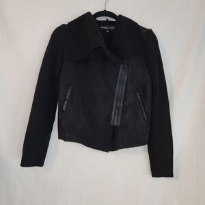 Kendall & Kylie Chic Black Jacket with Zipper. Faux Suede Body, Knit Arms